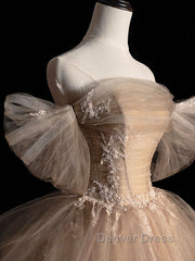 Champagne Tulle Lace Long Prom Dresses, Champagne Evening Formal Dresses