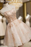 Champagne Tulle Lace Short Prom Dress, Puffy Champagne Homecoming Dresses