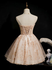 Champagne Tulle Lace Short Prom Dresses, Puffy Champagne Homecoming Dresses