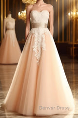 Champagne Tulle Lace Tea Pearl Prom Dresses, Lace Wedding Dresses