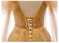 Champagne Tulle Lace V-neckline Beaded Unique Floor Length Party Dresses, New Prom Dresses Evening Dresses