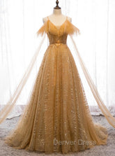 Champagne Tulle Lace V-neckline Beaded Unique Floor Length Party Dresses, New Prom Dresses Evening Dresses