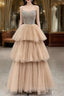 Champagne Tulle Layers Long A-Line Prom Dresses, Spaghetti Strap Beaded Evening Dresses