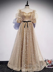 Champagne Tulle Long Party Dresses, Short Sleeves A-line Formal Dresses Evening Dresses