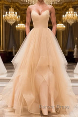 Champagne tulle long prom Dresses, champagne evening Dresses