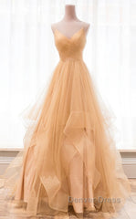 Champagne tulle long prom Dresses, champagne evening Dresses
