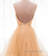 Champagne tulle long prom Dresses, champagne evening Dresses