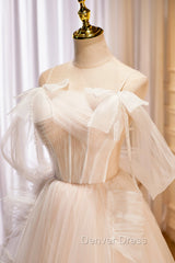 Champagne Tulle Long Prom Dresses, Spaghetti Strap Evening Dresses with Bow