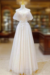 Champagne Tulle Long Prom Dresses with Lace, Off the Shoulder Evening Dresses