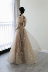 Champagne Tulle Long Prom Dresses, A-Line 1/2 Sleeve Evening Dresses