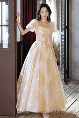 Champagne Tulle Long Prom Dresses, Champagne Short Sleeve Evening Dresses