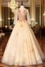 Champagne Tulle Long Sleeve Appliques Beading Quinceanera Dresses