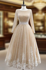 Champagne Tulle Long Sleeve Backless Appliques Prom Dresses