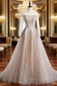 Champagne Tulle Long Sleeve Beading Prom Dresses
