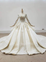 Champagne Tulle Long Sleeve Beading Sequins Backless Wedding Dress