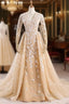 Champagne Tulle Long Sleeve Nude Color Tulle Crystal Royal Prom Dresses