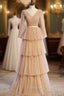 Champagne Tulle Long Sleeve V Neck Pleats Prom Dresses