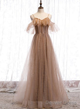 Champagne Tulle Off Shoulder Straps A-Line Prom Dress, Long Evening Dress Party Dress