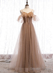 Champagne Tulle Off Shoulder Straps A-Line Prom Dress, Long Evening Dress Party Dress