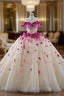 Champagne Tulle Off the Shoulder 3D Flower Beading Prom Dresses