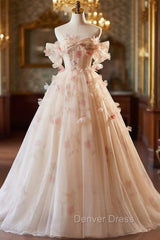 Champagne Tulle Off the Shoulder 3D Flower Prom Dresses