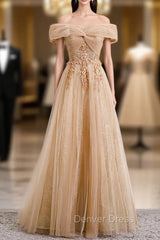 Champagne Tulle Off the Shoulder Embroidery Off the Shoulder Prom Dresses
