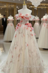 Champagne Tulle Off the Shoulder Flower Princess Prom Dres