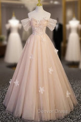 Champagne Tulle Off the Shoulder Flower Prom Dresses