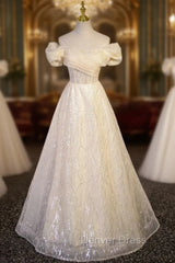 Champagne Tulle Off the Shoulder Sequins Prom Dresses