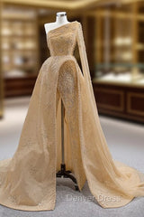 Champagne Tulle One Shoulder Pearls Prom Dresses