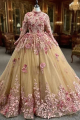 Champagne Tulle Pink 3D Appliques Long Sleeve Prom Dresses