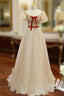 Champagne Tulle Puff Sleeve Prom Dresses With Red Bow