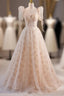 Champagne Tulle Puff Sleeve Prom Dresses