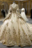 Champagne Tulle Sequins Appliques Long Sleeve Prom Dresses
