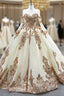 Champagne Tulle Sequins Appliques Sweetheart Prom Dresses