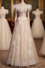 Champagne Tulle Sequins Beading Feather Prom Dresses