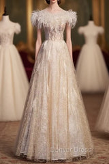 Champagne Tulle Sequins Beading Feather Prom Dresses