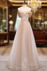 Champagne Tulle Sequins Beading Off the Shoulder Prom Dresses