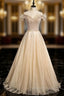 Champagne Tulle Sequins Beading Prom Dresses