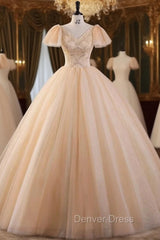 Champagne Tulle Sequins Beading Quinceanera Dresses