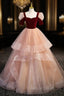 Champagne Tulle Sequins Burgundy Velvet Short Sleeve Prom Dresses
