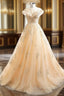 Champagne Tulle Sequins Cap Sleeve Open Back Prom Dresses