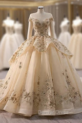 Champagne Tulle Sequins Cap Sleeve Prom Dresses