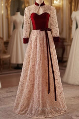 Champagne Tulle Sequins High Neck Long Sleeve Prom Dresses