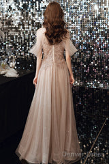 Champagne Tulle Sequins Long A Line Prom Dress Evening Dress
