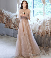 Champagne Tulle Sequins Long A Line Prom Dress Evening Dress
