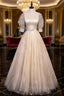 Champagne Tulle Sequins Long Prom Dress, Cute 1 2 Sleeve Prom Dresses