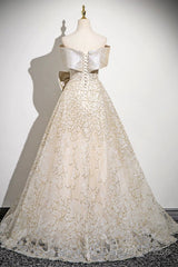 Champagne Tulle Sequins Long Prom Dress, Off The Shoulder Evening Party Dress