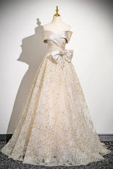 Champagne Tulle Sequins Long Prom Dress, Off The Shoulder Evening Party Dress