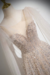 Champagne Tulle Sequins Long Prom Dress, Shiny A-Line Party Dress